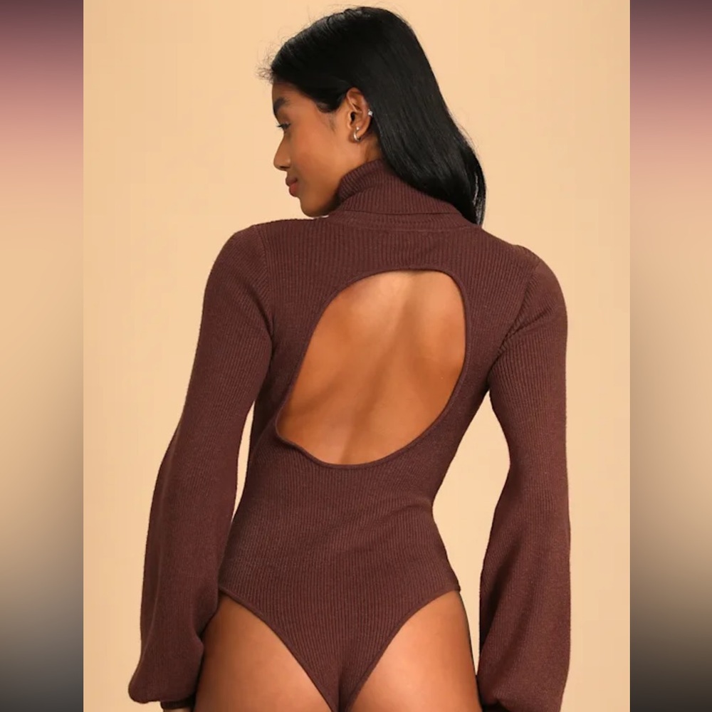 Lulus Not Turning Back Brown Ribbed Knit Backless Turtleneck Bodysuit - Size XS